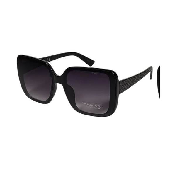 Tahari Butterfly Oversized Sunglasses Shiny Black Frame Smoke Gradient Lens
